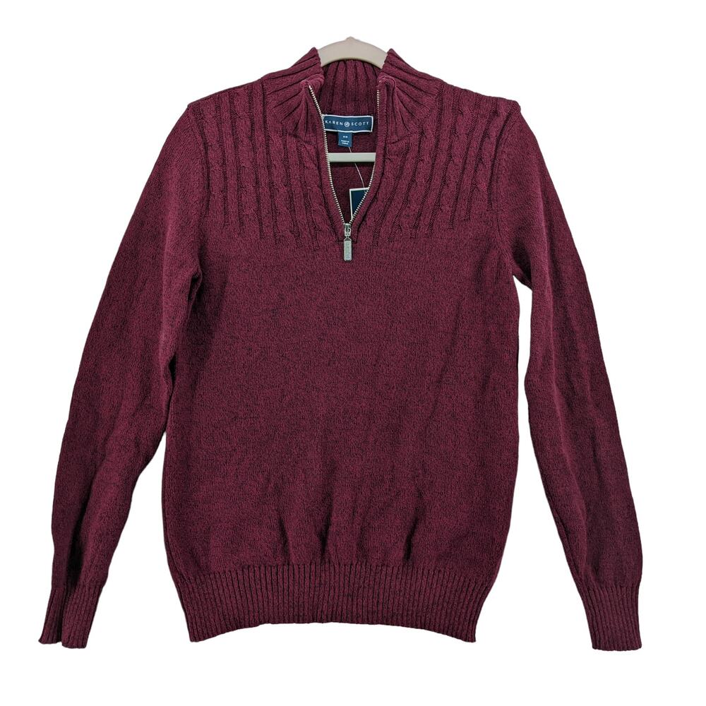 Karen Scott Sweater XS Red Quarter‎ Zip Mock Neck Long Sleeves Ribbed Hem Staple